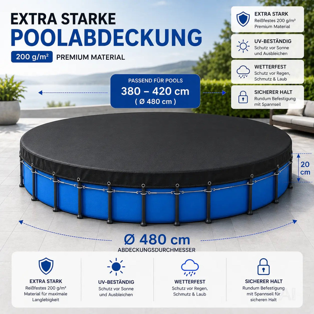Poolabdeckung rund – Extra starke 200 g/m² Poolplane schwarz – UV-resistente Solar Sommer – Detailansicht 2