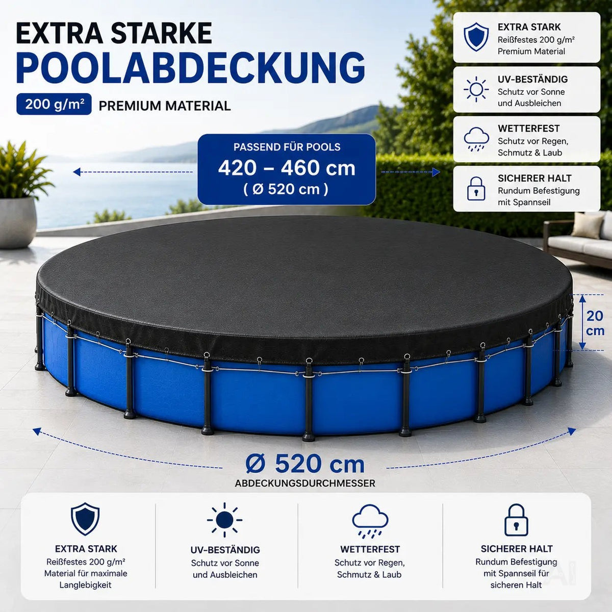 Poolabdeckung rund – Extra starke 200 g/m² Poolplane schwarz – UV-resistente Solar Sommer – Detailansicht 2