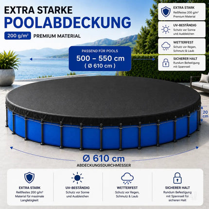 Poolabdeckung rund – Extra starke 200 g/m² Poolplane schwarz – UV-resistente Solar Sommer – Detailansicht 2