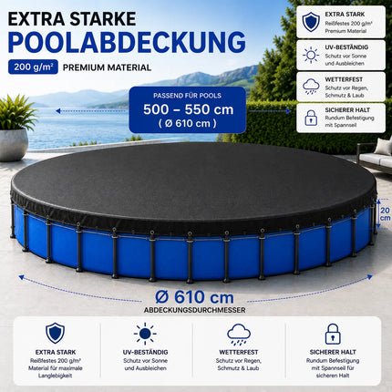 Poolabdeckung rund – Extra starke 200 g/m² Poolplane schwarz – UV-resistente Solar Sommer- & Winterabdeckplane (500 – 550 cm (Ø 610 cm))