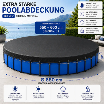 Poolabdeckung rund – Extra starke 200 g/m² Poolplane schwarz – UV-resistente Solar Sommer- & Winterabdeckplane (550 – 600 cm (Ø 680 cm))