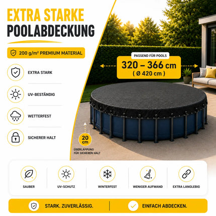 Poolplane rund 200 g/m² – Schwarze Solar Poolabdeckung für Sommer & Winter – UV-resistente Poolabdeckplane (320 – 366 cm (Ø 420 cm))