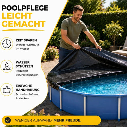 Poolplane rund 200 g/m² – Schwarze Solar Poolabdeckung für Sommer & Winter – UV-resistente Poolabdeckplane (380 – 420 cm (Ø 480 cm))