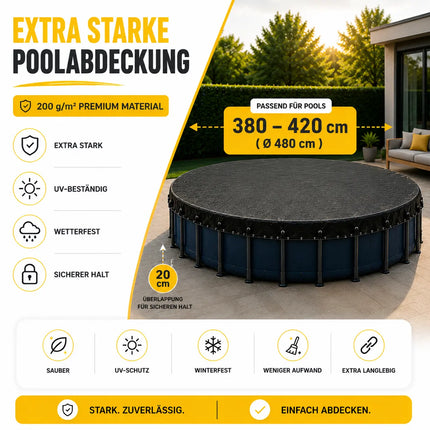 Poolplane rund 200 g/m² – Schwarze Solar Poolabdeckung für Sommer & Winter – UV-resistente Poolabdeckplane (380 – 420 cm (Ø 480 cm))