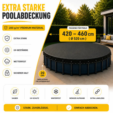 Poolplane rund 200 g/m² – Schwarze Solar Poolabdeckung für Sommer & Winter – UV-resistente Poolabdeckplane (420 – 460 cm (Ø 520 cm))