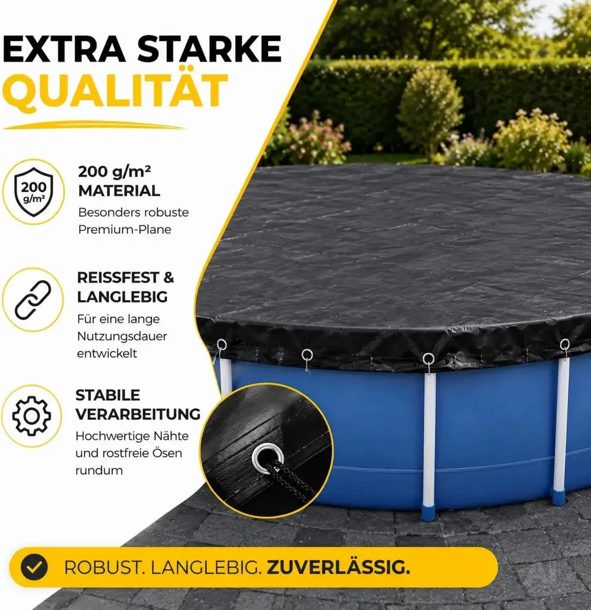 Poolplane rund 200 g/m² – Schwarze Solar Poolabdeckung für Sommer & Winter – UV-resistente – Detailansicht 3