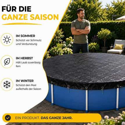 Poolplane rund 200 g/m² – Schwarze Solar Poolabdeckung für Sommer & Winter – UV-resistente Poolabdeckplane (500 – 550 cm (Ø 610 cm))