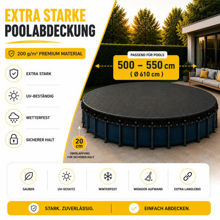 Poolplane rund 200 g/m² – Schwarze Solar Poolabdeckung für Sommer & Winter – UV-resistente Poolabdeckplane (500 – 550 cm (Ø 610 cm))