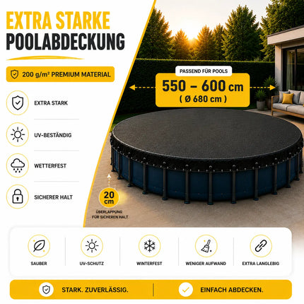 Poolplane rund 200 g/m² – Schwarze Solar Poolabdeckung für Sommer & Winter – UV-resistente Poolabdeckplane (550 – 600 cm (Ø 680 cm))