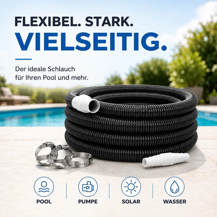 Poolschlauch blau mit Muffen 38 mm x 8 m  – inkl. Schlauchschellen & Schlauchverbinder – Flexibler Wasserschlauch als Saugschlauch, Solarschlauch & Pumpenschlauch