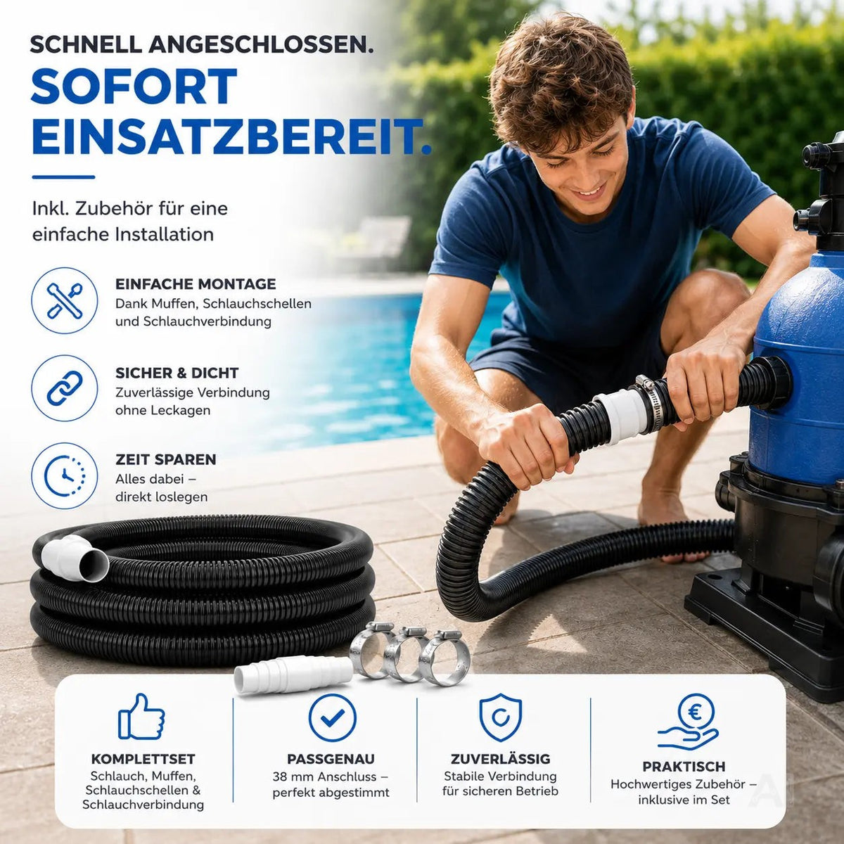 Poolschlauch mit Muffen 38 mm x 8 m – inkl. Schlauchschellen & Schlauchverbinder – Flexibler – Detailansicht 2