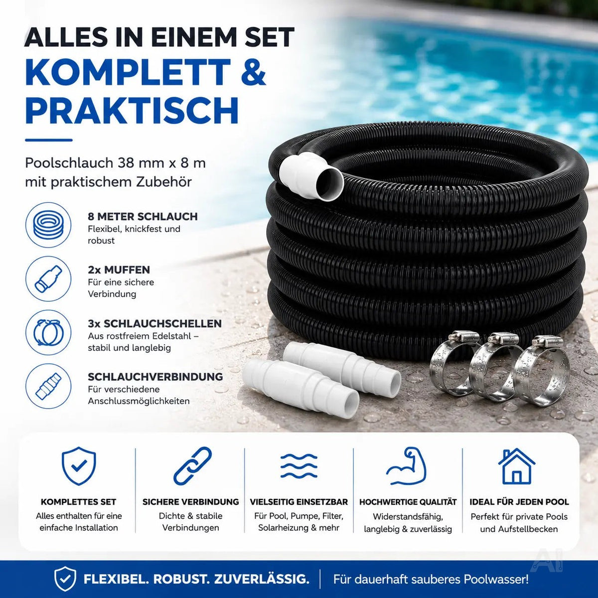 Poolschlauch mit Muffen 38 mm x 8 m – inkl. Schlauchschellen & Schlauchverbinder – Flexibler – Detailansicht 3