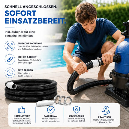 Poolschlauch mit Muffen 38 mm x 8 m  – inkl. Schlauchschellen & Schlauchverbinder – Flexibler Wasserschlauch als Saugschlauch, Solarschlauch & Pumpenschlauch