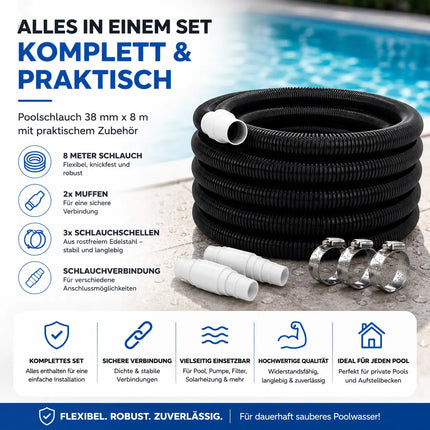 Poolschlauch mit Muffen 38 mm x 8 m  – inkl. Schlauchschellen & Schlauchverbinder – Flexibler Wasserschlauch als Saugschlauch, Solarschlauch & Pumpenschlauch