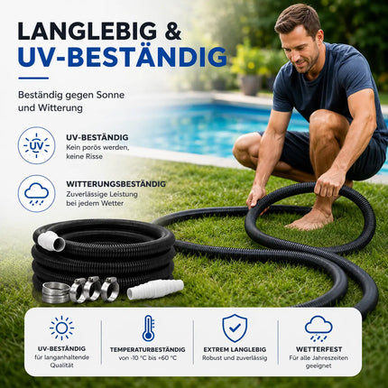 Poolschlauch mit Muffen 38 mm x 8 m  – inkl. Schlauchschellen & Schlauchverbinder – Flexibler Wasserschlauch als Saugschlauch, Solarschlauch & Pumpenschlauch