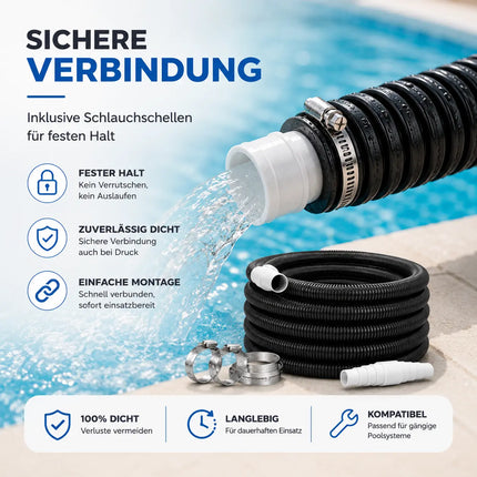 Poolschlauch mit Muffen 38 mm x 8 m  – inkl. Schlauchschellen & Schlauchverbinder – Flexibler Wasserschlauch als Saugschlauch, Solarschlauch & Pumpenschlauch