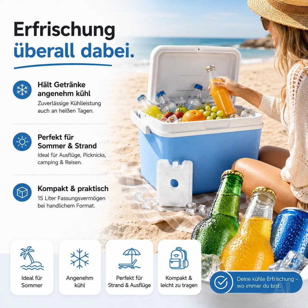 Premium Kühlbox 15L mit Kühlakku & Kühlelement – Kühltasche für Camping, Strand, Picknick – Detailansicht 6