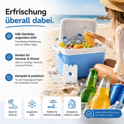 Premium Kühlbox 15L mit Kühlakku & Kühlelement – Kühltasche für Camping, Strand, Picknick & Reisen (Blau)
