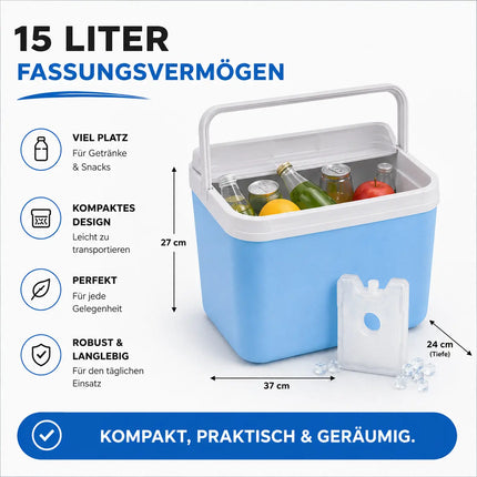 Premium Kühlbox 15L mit Kühlakku & Kühlelement – Kühltasche für Camping, Strand, Picknick & Reisen (Blau)