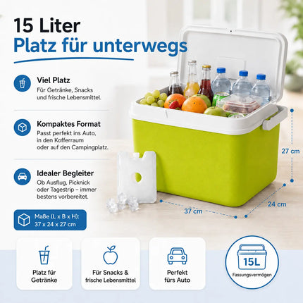 Premium Kühlbox 15L mit Kühlakku & Kühlelement – Kühltasche für Camping, Strand, Picknick & Reisen (Grün)