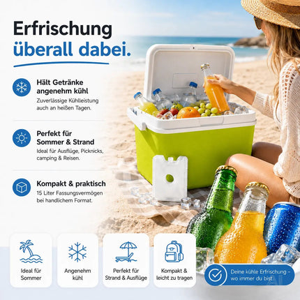 Premium Kühlbox 15L mit Kühlakku & Kühlelement – Kühltasche für Camping, Strand, Picknick & Reisen (Grün)