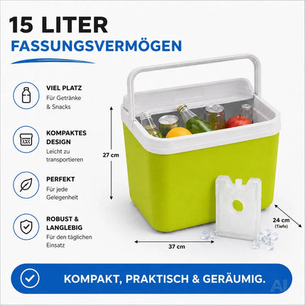 Premium Kühlbox 15L mit Kühlakku & Kühlelement – Kühltasche für Camping, Strand, Picknick & Reisen (Grün)