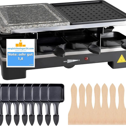 Raclette 8 Personen Set - Mit Tischgrill & Grillplatte & Steinplatte Funktion - inkl. Pfännchen & Schaber - ECKIG