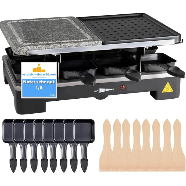Raclette 8 Personen Set - Mit Tischgrill & Grillplatte & Steinplatte Funktion - inkl. Pfännchen & Schaber - ECKIG