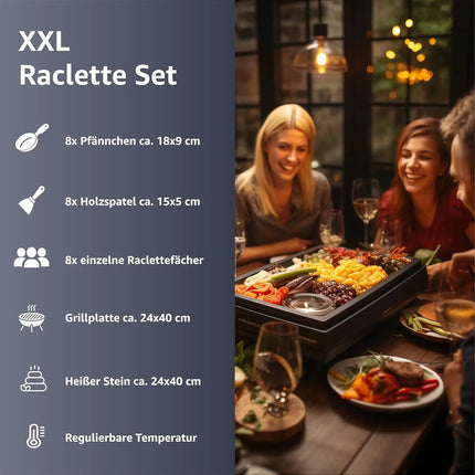 Raclette 8 Personen Set - Mit Tischgrill & Grillplatte & Steinplatte Funktion - inkl. Pfännchen & Schaber - ECKIG