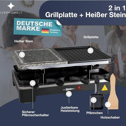 Raclette 8 Personen Set - Mit Tischgrill & Grillplatte & Steinplatte Funktion - inkl. Pfännchen & Schaber - ECKIG