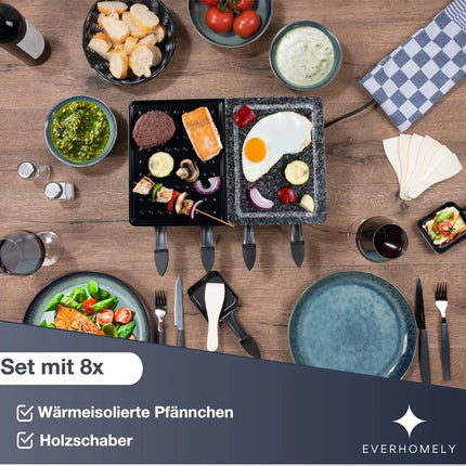 Raclette 8 Personen Set - Mit Tischgrill & Grillplatte & Steinplatte Funktion - inkl. Pfännchen & Schaber - ECKIG