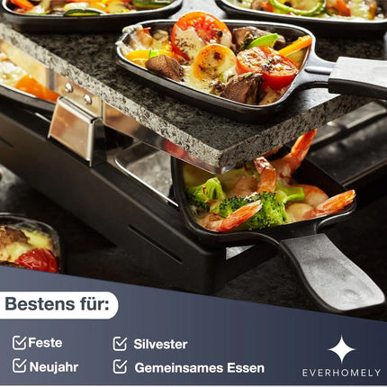 Raclette 8 Personen Set - Mit Tischgrill & Grillplatte & Steinplatte Funktion - inkl. Pfännchen & Schaber - ECKIG
