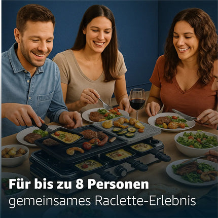 Raclette-Set 8 Personen - Mit Tischgrill & Grillplatte & Steinplatte Funktion - inkl. Pfännchen & Schaber - ECKIG