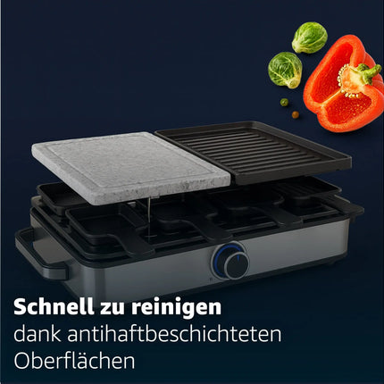 Raclette-Set 8 Personen - Mit Tischgrill & Grillplatte & Steinplatte Funktion - inkl. Pfännchen & Schaber - ECKIG