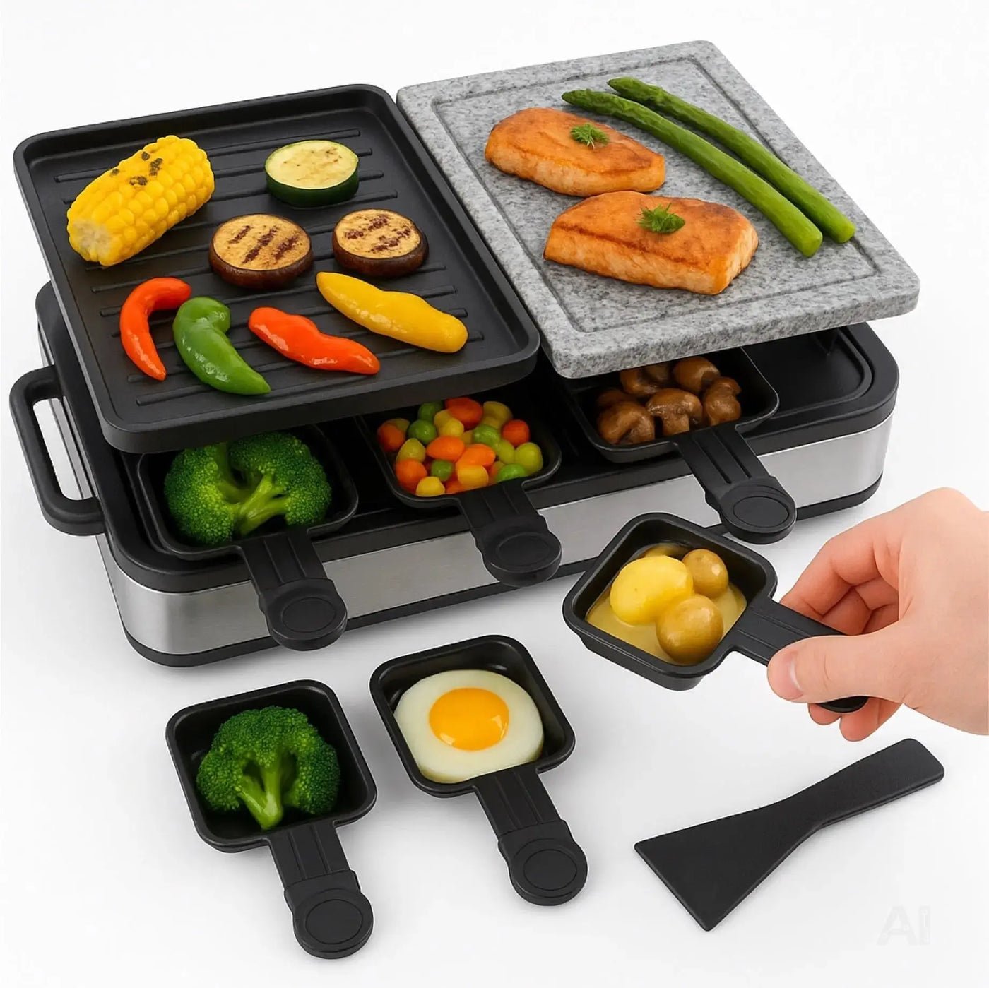 Raclette-Set 8 Personen - Mit Tischgrill & Grillplatte & Steinplatte Funktion - inkl. Pfännchen & Schaber - ECKIG