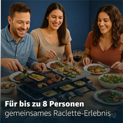 Raclette-Set 8 Personen - Mit Tischgrill & Grillplatte & Steinplatte Funktion - inkl. Pfännchen & Schaber - ECKIG