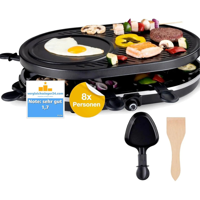 Raclette Set für 8 Personen - Grill oval - Crepes Funktion - Tischgrill inkl. Pfännchen & Schaber mit Grillplatte - (RUND)