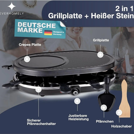 Raclette Set für 8 Personen - Grill oval - Crepes Funktion - Tischgrill inkl. Pfännchen & Schaber mit Grillplatte - (RUND)