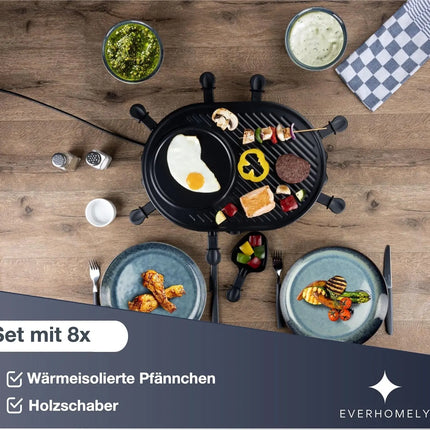 Raclette Set für 8 Personen - Grill oval - Crepes Funktion - Tischgrill inkl. Pfännchen & Schaber mit Grillplatte - (RUND)