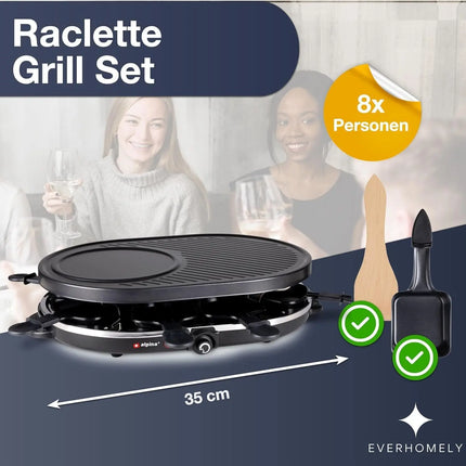 Raclette Set für 8 Personen - Grill oval - Crepes Funktion - Tischgrill inkl. Pfännchen & Schaber mit Grillplatte - (RUND)