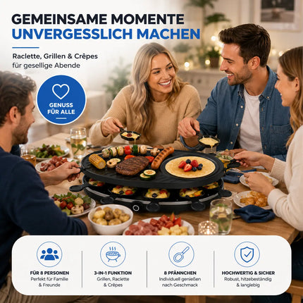 Raclette Set für 8 Personen - Grill oval - Mit Grillplatte & Crepes Funktion