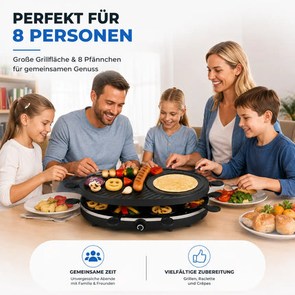 Raclette Set für 8 Personen - Grill oval - Mit Grillplatte & Crepes Funktion