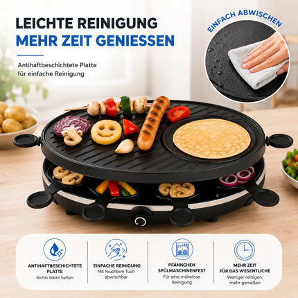 Raclette Set für 8 Personen - Grill oval - Mit Grillplatte & Crepes Funktion