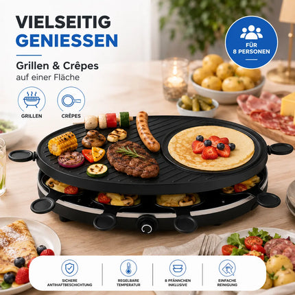 Raclette Set für 8 Personen - Grill oval - Mit Grillplatte & Crepes Funktion
