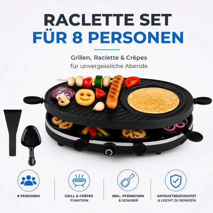Raclette Set für 8 Personen - Grill oval - Mit Grillplatte & Crepes Funktion