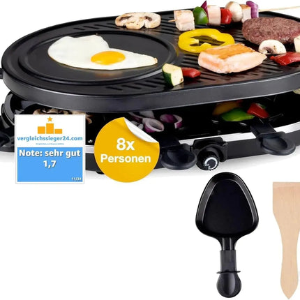 Raclette Set für 8 Personen - Grill oval - Mit Grillplatte & Crepes Funktion - Tischgrill inkl. Pfännchen & Schaber mit Steinplatte - (RUND)