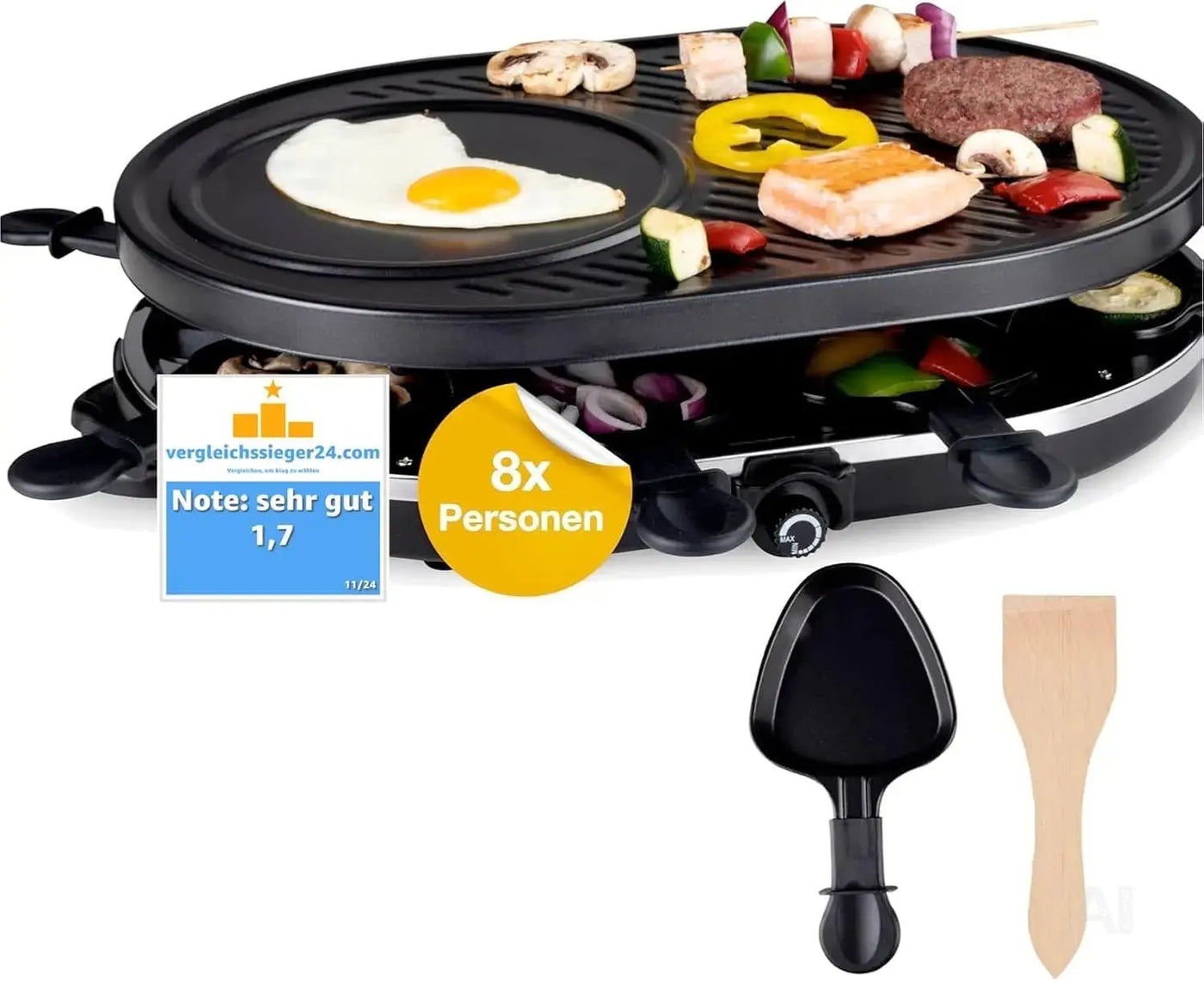 Raclette Set für 8 Personen - Grill oval - Mit Grillplatte & Crepes Funktion