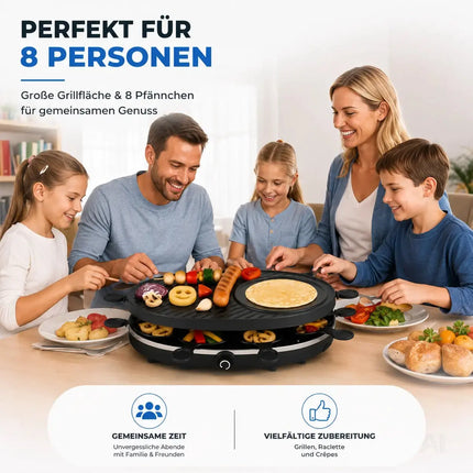Raclette Set für 8 Personen - Grill oval - Mit Grillplatte & Crepes Funktion