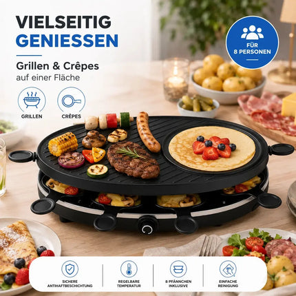 Raclette Set für 8 Personen - Grill oval - Mit Grillplatte & Crepes Funktion