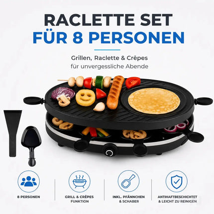 Raclette Set für 8 Personen - Grill oval - Mit Grillplatte & Crepes Funktion